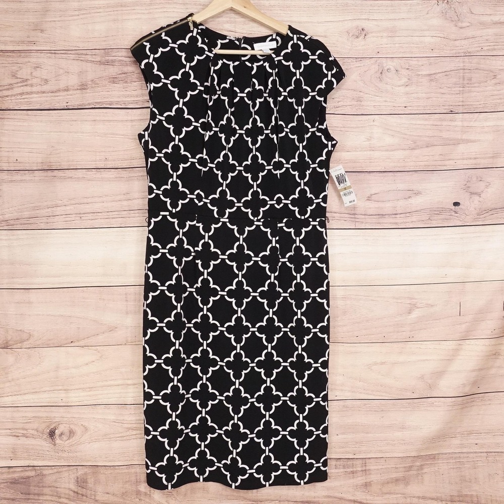Charter Club Dress Womens 12 Black Geometric‎ Sheath Cap Sleeve Work Career